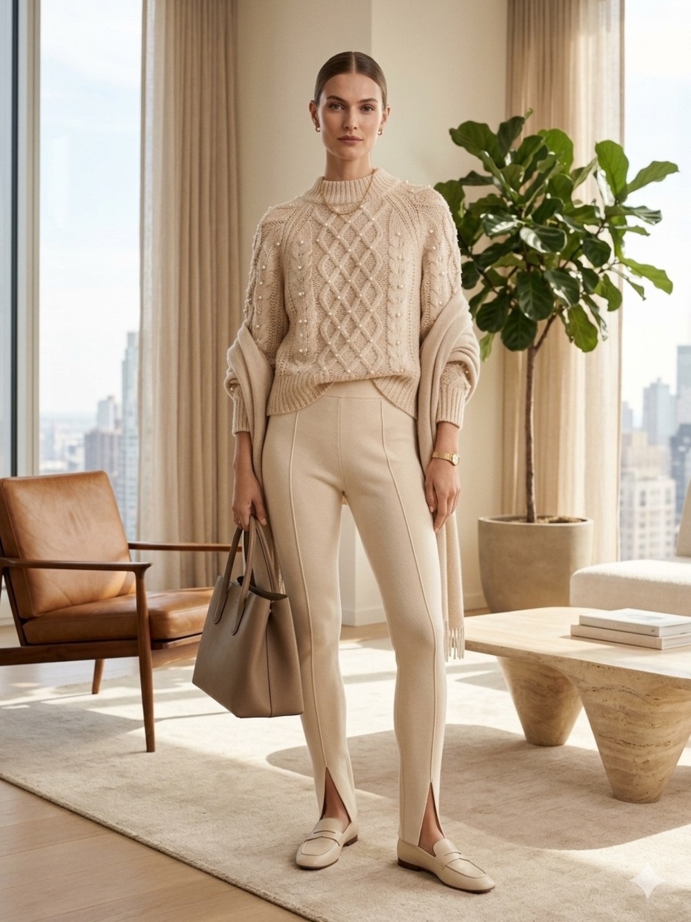 H&M Luxe Minimalism Pearl Cable Knit Sweater & Tailored Crêpe Pant Set XS